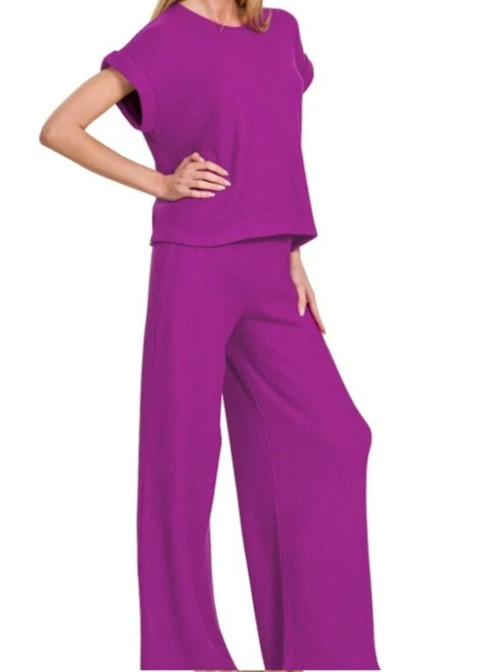 Rolled Sleeve Top and Pants Sweater Set